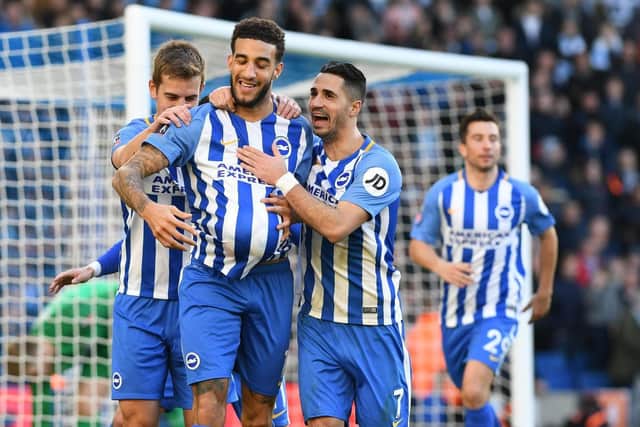 Connor Goldson celebrates scoring in Albion's FA Cup win against Coventry. Picture by Phil Westlake (PW Sporting Photography)