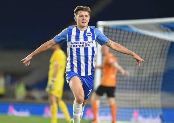Brighton under-23 winger James Tilley celebrates scoring against Barnet in the Carabao Cup earlier this season. Picture by Phil Westlake (PW Sporting Photography)