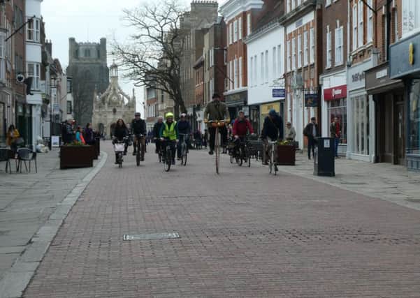 Residents against a Sunday ban on cycling in Chichester city centre's pedestrian precinct pictured in March