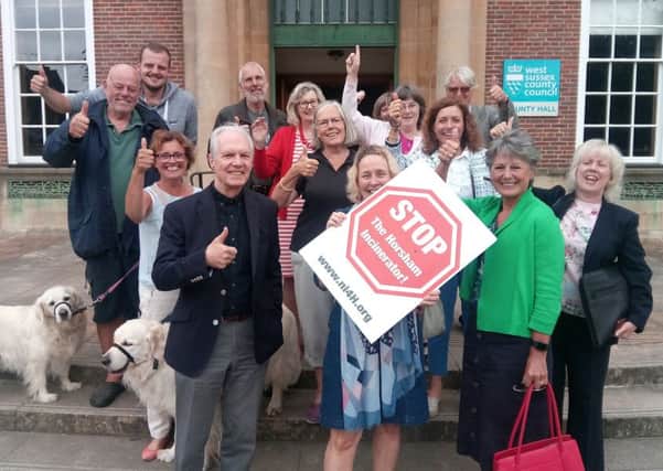 Opponents of incinerator plans for North Horsham celebrate outside County Hall in Chichester after the application was refused by county councillors