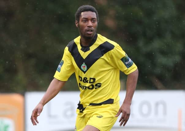 Jahmal Howlett-Mundle playing for Ashford United against Hastings United at The Pilot Field in February 2018. Picture courtesy Scott White