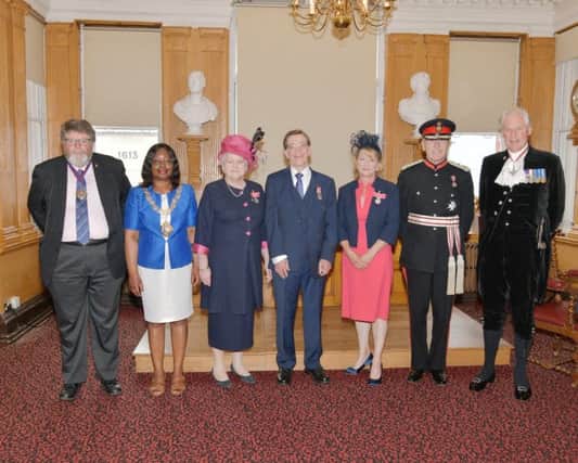 From left, Chairman of East Sussex County Council Cllr Peter Pragnell;  Mayor of Lewes Cllr Janet Baah;  Mrs Joanna Tindall BEM;  Mr Colin Moore BEM;  Ms Heather Mealing BEM;  The Lord Lieutenant of East Sussex Mr Peter Field;  High Sheriff of East Sussex Major General John Moore-Bick OB.  Photograph by Richard Ball, www.insightproimage.co.uk