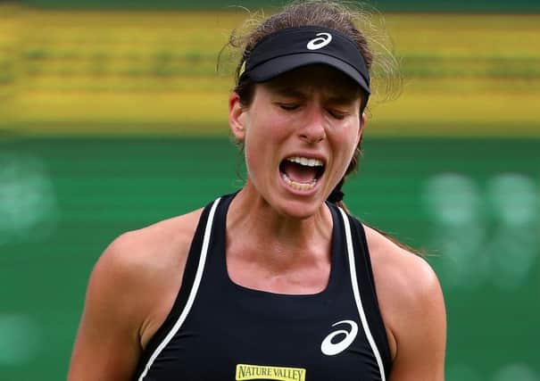 BIRMINGHAM, ENGLAND - JUNE 19:  Johanna Konta of Great Britain celebrates winning a point during her first round match against Petra Kvitova of The Czech Rupublic on Day Four of the Nature Valley Classic at Edgbaston Priory Club on June 19, 2018 in Birmingham, United Kingdom.  (Photo by Jordan Mansfield/Getty Images for LTA) SUS-180621-142643002