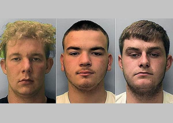 Taylor Clarke, Connor Mackay and Grant Searle are believed to be committing offences together while being sought, police said. Picture supplied by Sussex Police