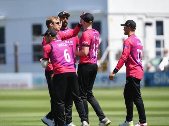 Sussex Sharks celebrate taking a wicket against Kent in the Royal London One-Day Cup (picture by PW Sporting Photography)