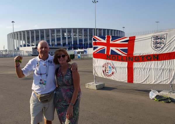 Les and Tracy Gasson outside the Nizhny Novgorod stadium at the 2018 FIFA World Cup in Russia.