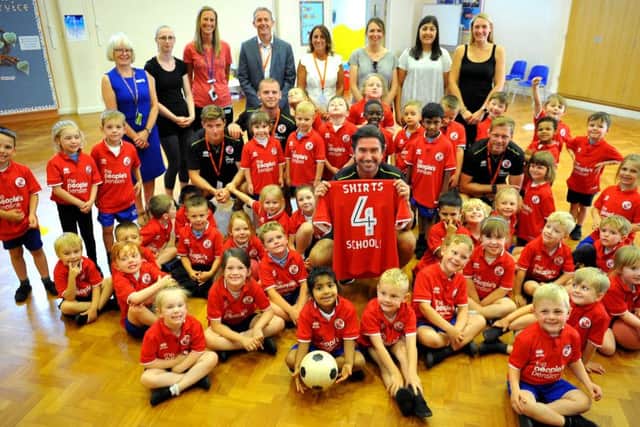 Crawley Town FC at St Margaret's School,  The Mardens, Ifield, Crawley where they started giving out 1000 shirts to under 5's. Harry Kewell. Pic Steve Robards SR1817499 SUS-180407-171719001