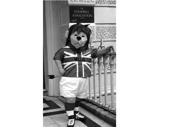 George Claydon, as World Cup Willie, outside FA headquarters SUS-180507-165620001