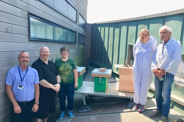 (Second from left): Splashpoint engineer Terry Gough, project organisers Anne Thwaites and Debs Butler and Tony Bennett, beekeeper, at the launch of the Worthing Honey Collective's first two hives on the roof of the Splashpoint Centre in Brighton Road