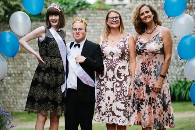 Prom King William and Queen Caroline with Natalie Edwards, Head of Therapy and Sue Cheshire, SUS-181107-125751001
