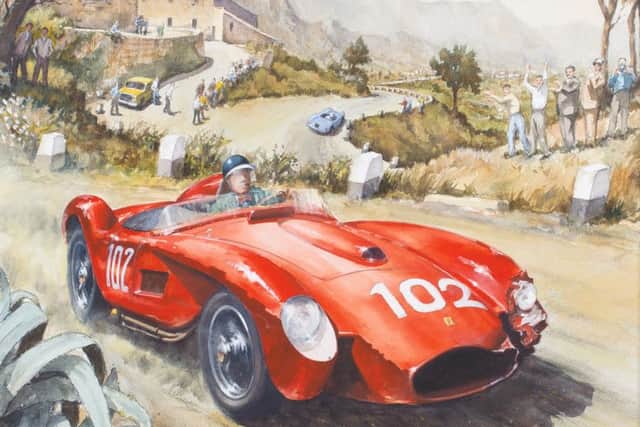 Michael Wrights late 20th century watercolour depicting Mike Hawthorn in his Ferrari, no. 102 titled '1958 Targa Florio'.