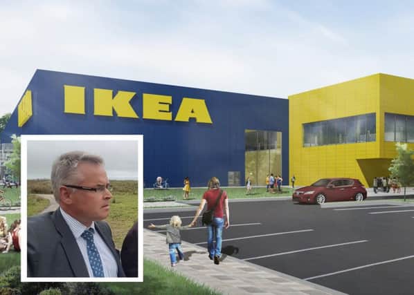 An artist's impression of how the new IKEA in Lancing could look. Inset, East Worthing & Shoreham MP Tim Loughton