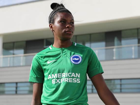 Ini Umotong in Albion's new away shirt. Picture by BHAFC