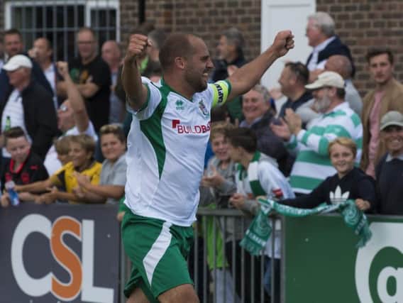 Dan Beck celebrates a Rocks FA Cup goal against Weston / Picture by Tommy McMillan