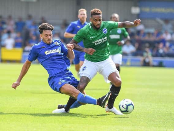 Jurgen Locadia in action during yesterday's friendly at AFC Wimbledon. Picture by Phil Westlake (PW Sporting Photography)