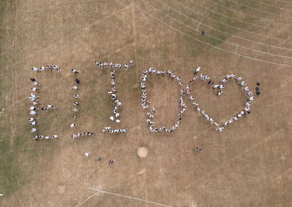 An aerial photo of students at the fun day spelling Elidos name. Picture: Simon Harman
