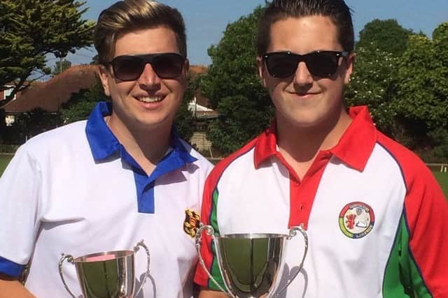 County men's under-25 singles bowls champion Ajay Morphett (right) and runner-up Lewis Sargent (left).