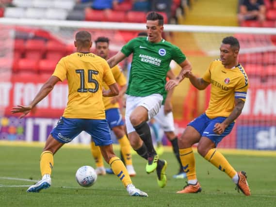 Lewis Dunk in action at Charlton last night. Picture by Phil Westlake (PW Sporting Photography)