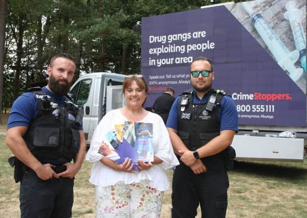 Glenis Balchin from Crimestoppers with PCSOs Silviu Ilie and Rock Schofield. Picture: Derek Martin