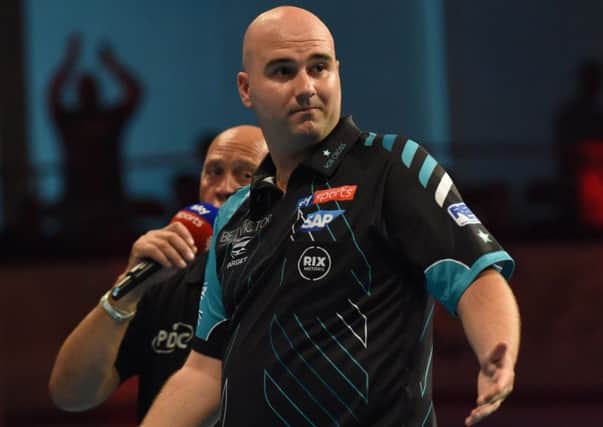 Rob Cross at the oche during his 11-8 defeat to Darren Webster in Blackpool last night. Picture courtesy Chris Dean/PDC