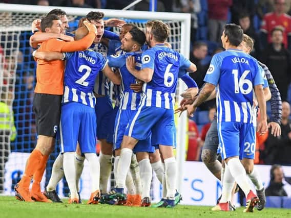 Albion celebrate the win over Manchester United last season which secured Premier League survival. Picture by Phil Westlake (PW Sporting Photography)