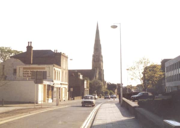 St Mark's Church in the 1980s, now only the spire, which is locally listed, remains