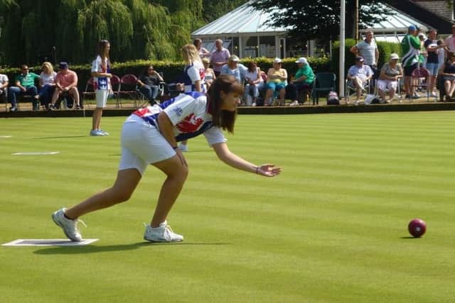 Emma Cooper delivers a wood at the British Isles Womens Bowls Council (BIWBC) Junior International Series.