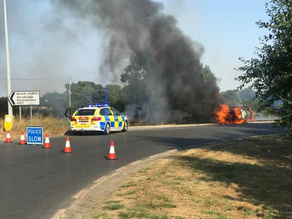 The Boship roundabout car fire in Hailsham. Picture: Shal Miah