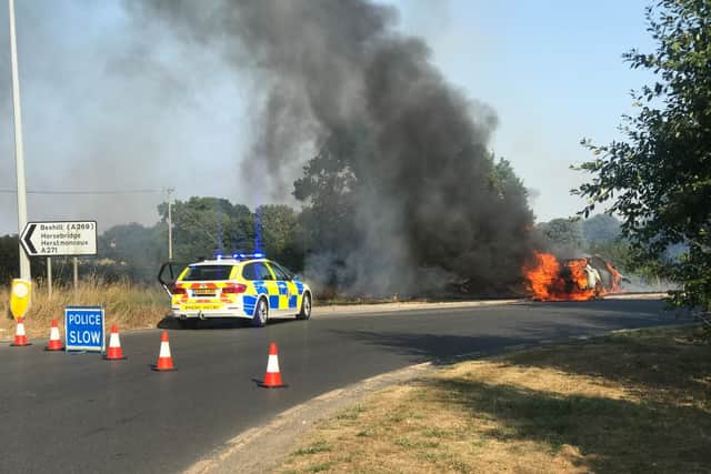 The Boship roundabout car fire in Hailsham. Picture: Shal Miah
