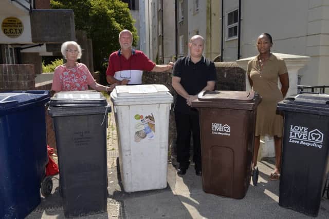 Guest House owners are annoyed that refuse bins have been overflowing with rubbish for months in Lascelles Terrace and Compton Road, Eastbourne. L-R, Claire Morton, Bo Thunsterom, Darren Weir and Joy Hartley (Photo by Jon Rigby)