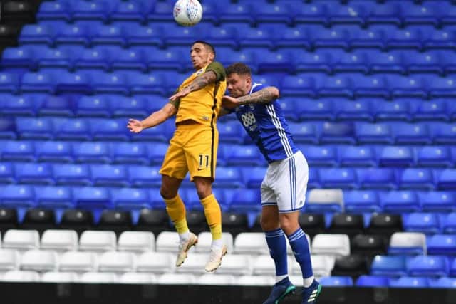 Anthony Knockaert wins a header at Birmingham. Picture by PW Sporting Photography
