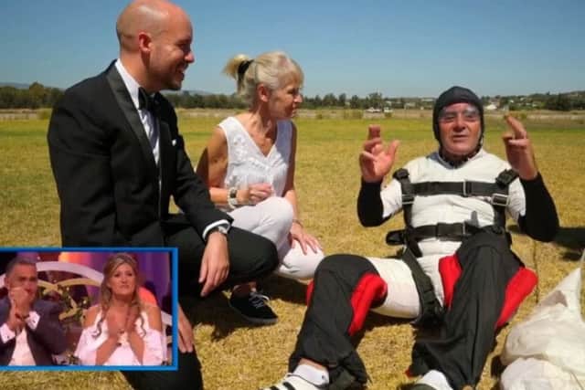 Ian Randall at the end of his skydive on Wedding Day Winners. Picture: BBC