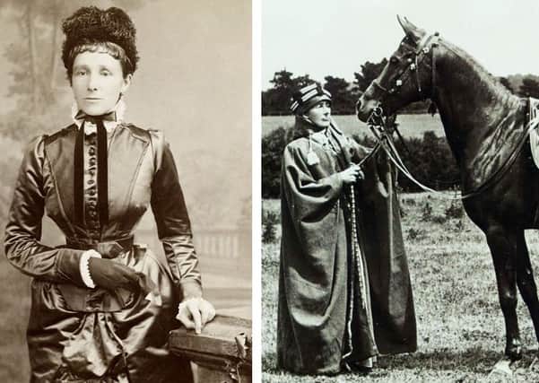 Two images of Lady Anne Blunt. In the second she is in Middle East garb alongside an Arab horse at the Crabbet Park Stud Farm in Sussex she founded in 1878