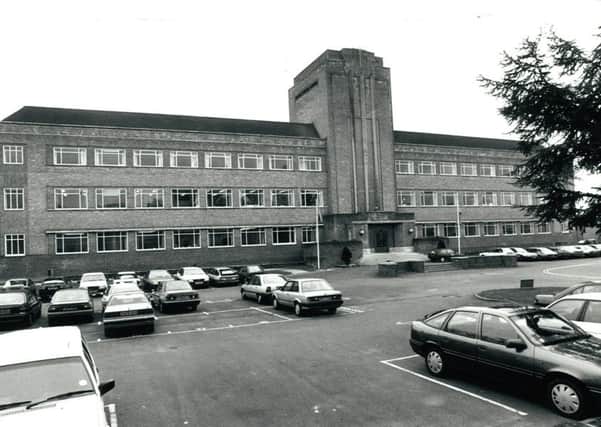 An historic photo of the iconic Art Deco building at the Novartis site