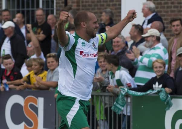 Dan Beck celebrates a Rocks FA Cup goal against Weston / Picture by Tommy McMillan