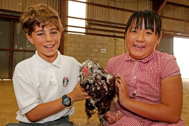 George and Olivia from William Penn School, Horsham with Junior the cockerel