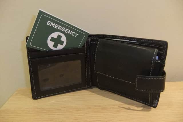 Littlehampton District Lions Club and Worthing Lions are jointly promoting
a 'message in your wallet' scheme where people complete a card
which is kept inside their wallet or purse so the emergency services know any vital health details