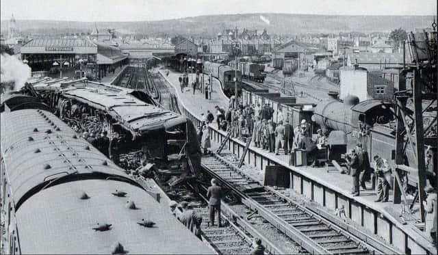 The scene of the crash at Eastbourne Railway Station in 1958 SUS-180208-170959001