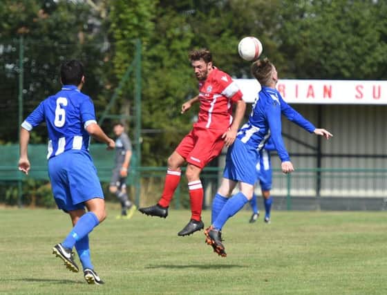 Football:

SCFL Premier Divison: Crawley Down Gatwick v Lingfield. 

Pictured is Crawley Down's, Mike Sullivan  tackling Lingfield's, Connor Willford. 

The Haven Centre, Hophurst Lane, Crawley Down, West Sussex. 

Picture: Liz Pearce 04/08/2018

LP181037 SUS-180508-143032008