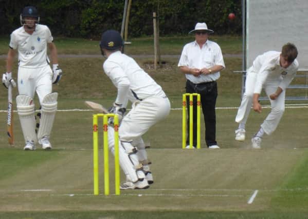Joe Sarro bowling for Bexhill during their narrow defeat at home to Billingshurst on Saturday. Pictures by Simon Newstead