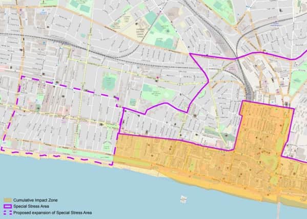 The existing special stress area and cumulative impact zone, as well as the proposed extension into Hove