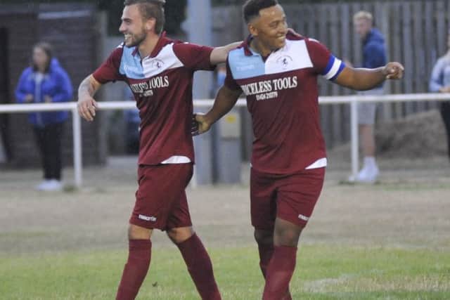 Harry Saville and Wes Tate celebrate a Little Common goal.