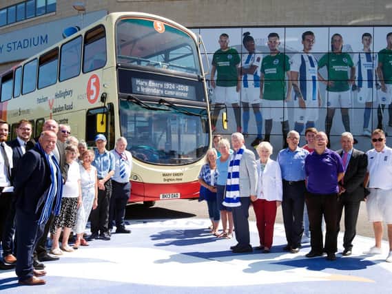 B&H Buses' managing director Martin Harris, Helen Emery, Robert Emery, Brighton and Hove Albion FC executive director Martin Perry; Front L-R: Sheila Sullivan and Jenny Raven.
