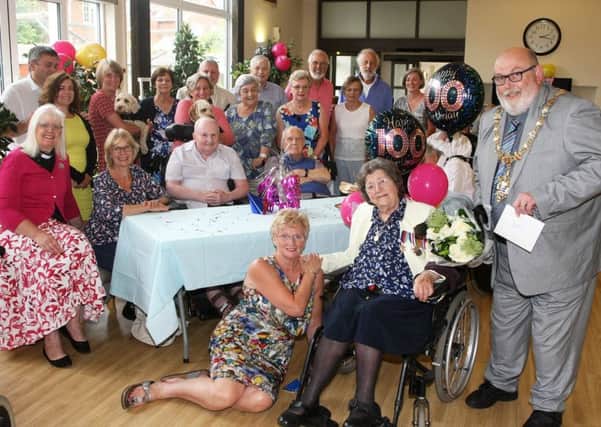Care for Veterans' oldest resident Rene Barclay with Worthing mayor Paul Baker, friends, family and staff. Photo by Derek Martin DM1881386a
