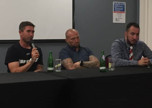 Harry Kewell, Warren Feeney and Selim Gaygusuz at the Crawley Town Fans' Forum. Picture by Graham Carter SUS-180808-174115002