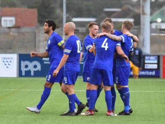 The team celebrates the goal. Haywards Heath Town v Albion u23s. Sussex Community Shield. Picture by Grahame Lehkyj