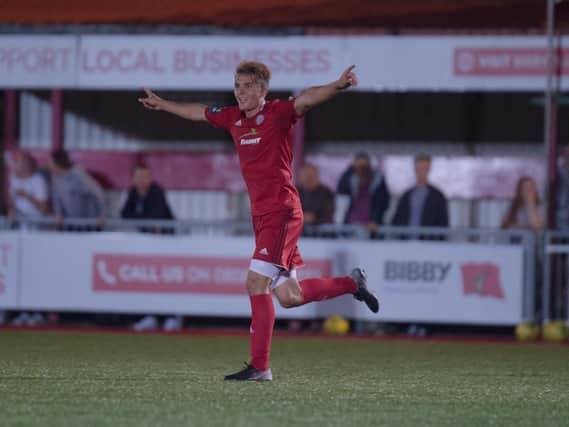 Midfielder Rhyle Ovenden celebrates his second goal in Worthing's pre-season friendly win over a Salford City XI. Picture by Marcus Hoare