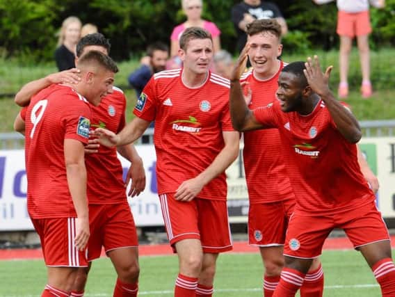 Worthing celebrate Callum Kealy's equaliser. Picture by Stephen Goodger