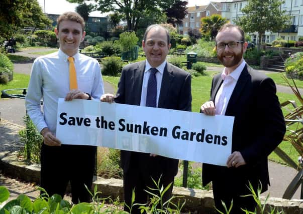 ks180245-4 Bog Sunken Garden  phot kate
From left:: District councillors Martin Smith,Francis Oppler, and Matt Stanley discuss the campaign to save the sunken gardens.ks180245-4 SUS-180522-151720008