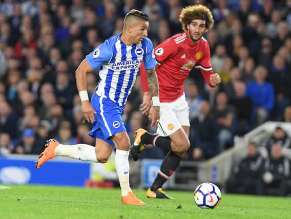 Albion winger Anthony Knockaert on the run against Manchester United at the Amex last season. Picture by PW Sporting Photography